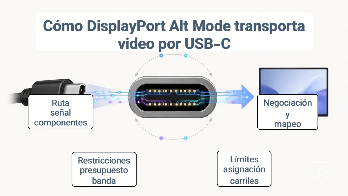 Flujo de la ruta de la señal desde un dispositivo USB-C a través del modo alterno DisplayPort y conversión a una pantalla HDMI