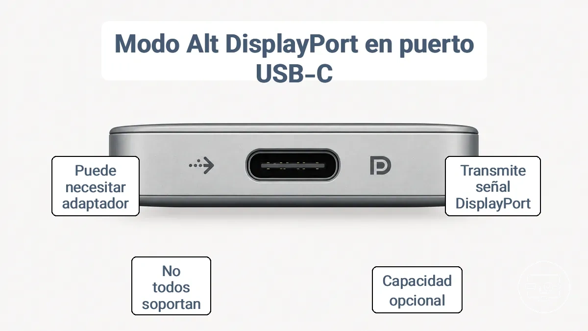 Marcas de puertos USB-C que indican compatibilidad con el modo alterno DisplayPort y ambigüedad de las etiquetas
