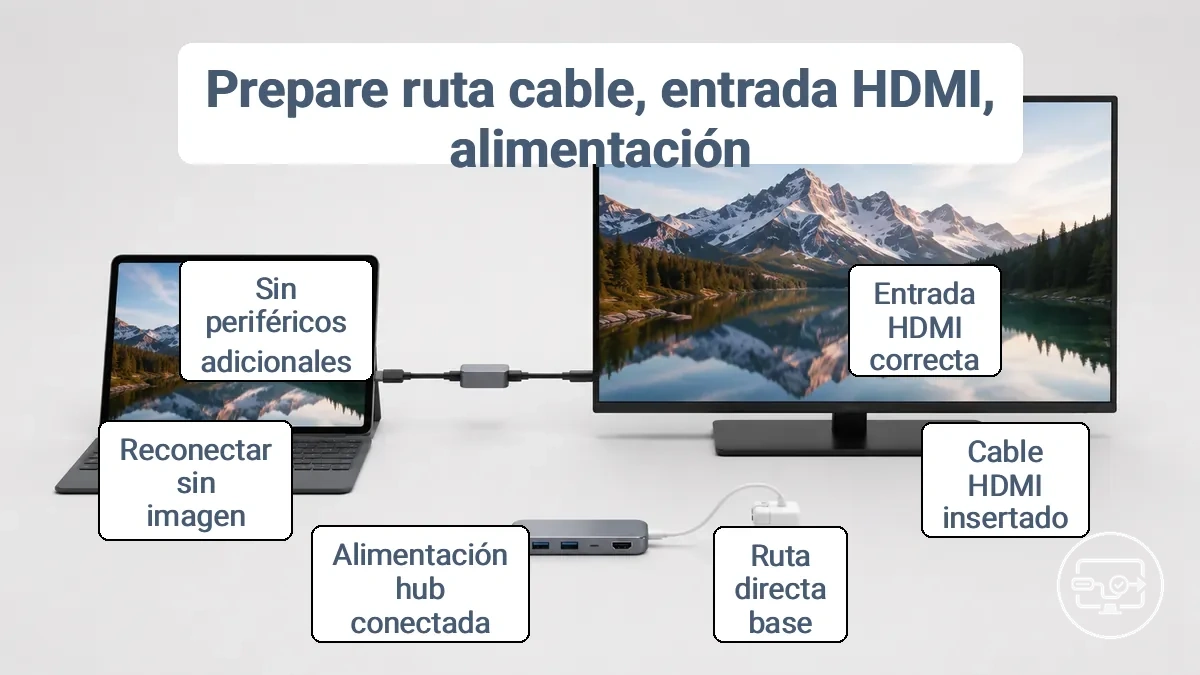 Configuración USB-C a HDMI preparada que muestra la entrada HDMI correcta, la ruta de cable simplificada y la alimentación opcional del hub.