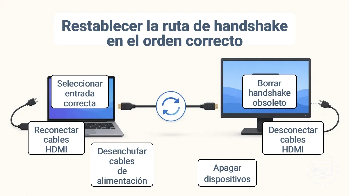 Ilustración que muestra el orden correcto: desconectar cables, apagar dispositivos, desenchufar la alimentación, reconectar cables, seleccionar la entrada en la pantalla