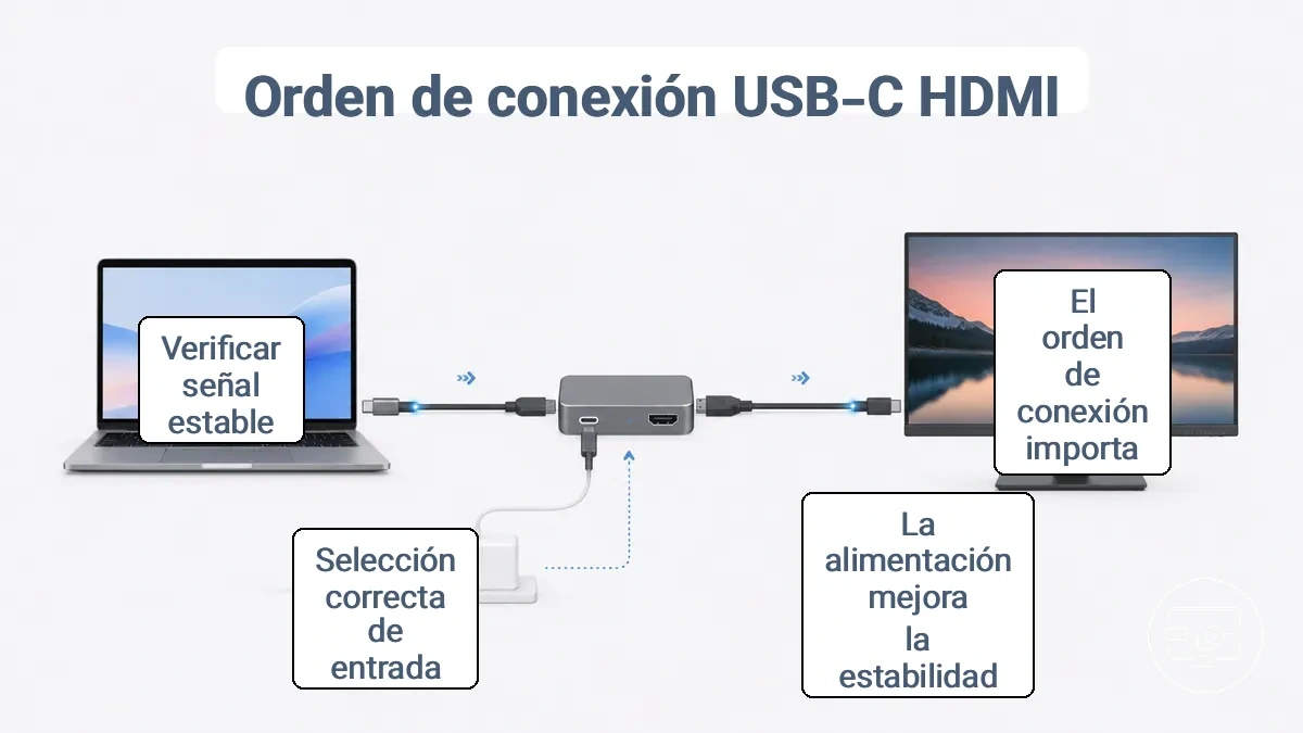 Imagen paso a paso que muestra un dispositivo USB-C conectado a través de un adaptador o hub a una pantalla HDMI con puntos de verificación de alimentación y selección de entrada.