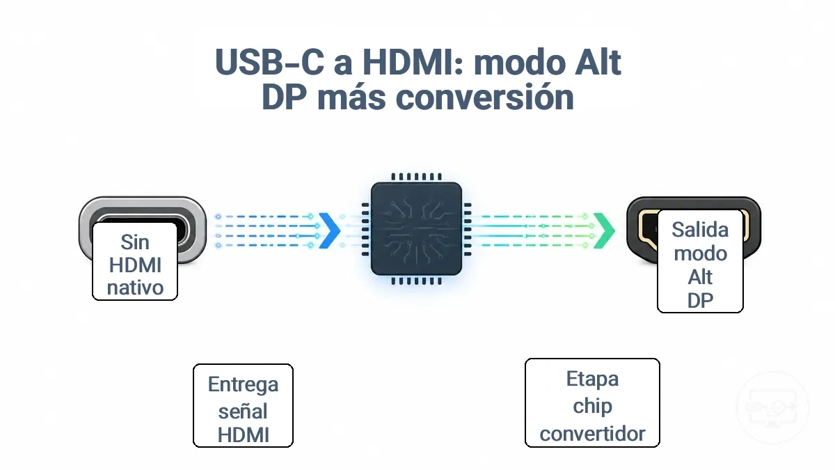 Diagrama que muestra la salida del modo alterno DisplayPort desde un puerto USB-C y la conversión a señal HDMI