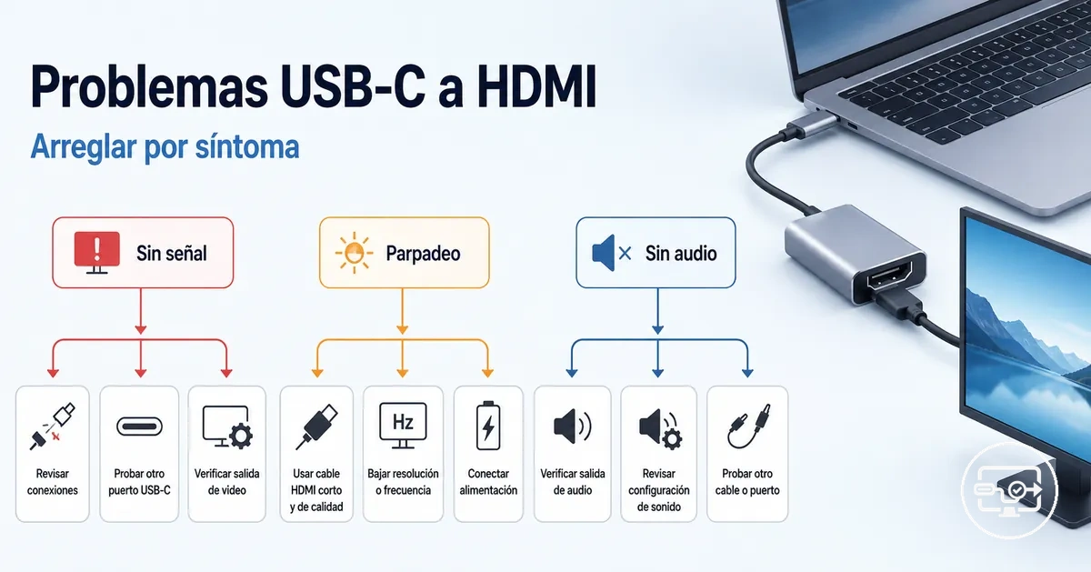 Flujo de solucion de problemas USB-C a HDMI por sintomas como sin senal o parpadeo