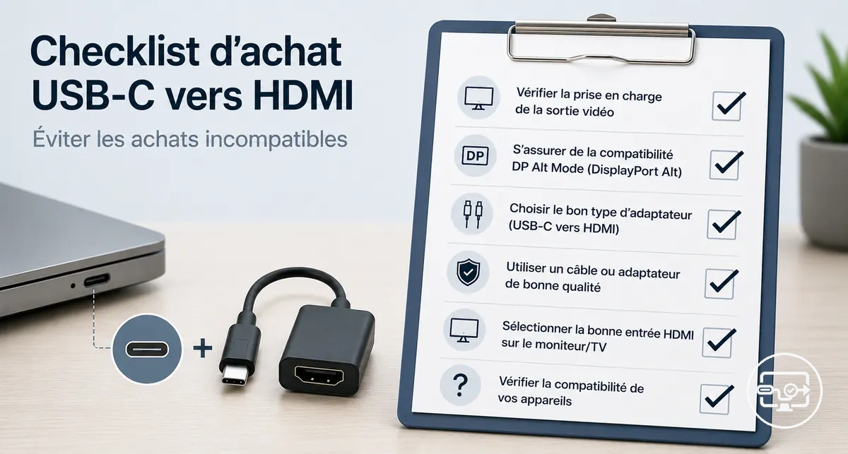 Visuel de liste de contrôle d’achat USB-C vers HDMI pour éviter un adaptateur inadapté