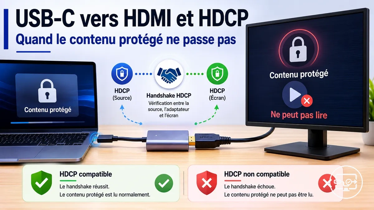 Compatibilité USB-C vers HDMI avec HDCP pour la lecture de contenu protégé et les cas d’échec