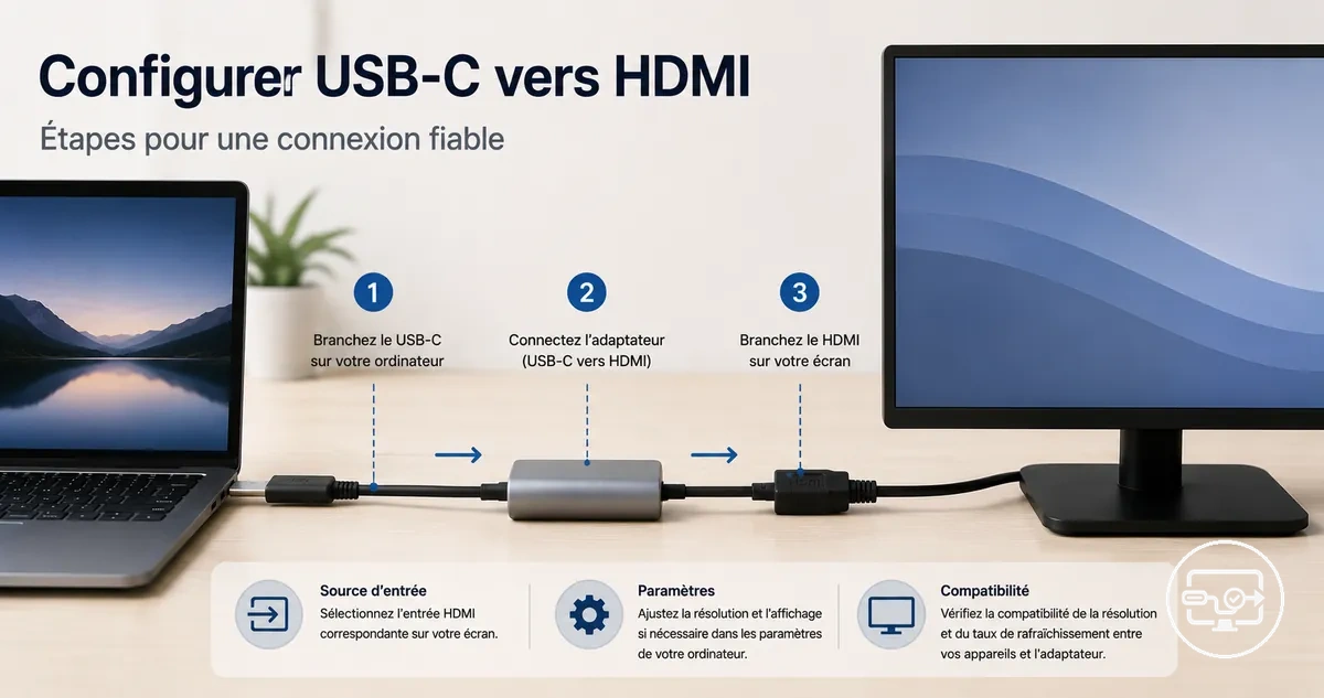Configuration USB-C vers HDMI étape par étape avec le bon ordre de branchement