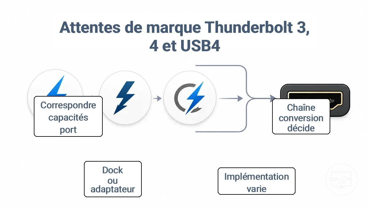 Comparaison des attentes liées aux labels Thunderbolt 3, Thunderbolt 4 et USB4 pour la sortie HDMI, soulignant la nécessité de vérifier la chaîne de conversion.