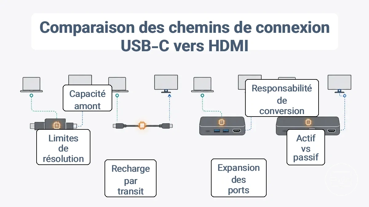 Graphique comparatif montrant les rôles de l adaptateur, du câble, du concentrateur et de la station d accueil dans un chemin de connexion USB-C vers HDMI et où la conversion se produit.