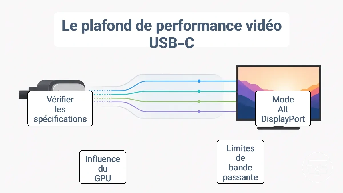 Schéma annoté montrant la capacité de sortie vidéo USB-C et l allocation des voies affectant les modes 4K et HDR