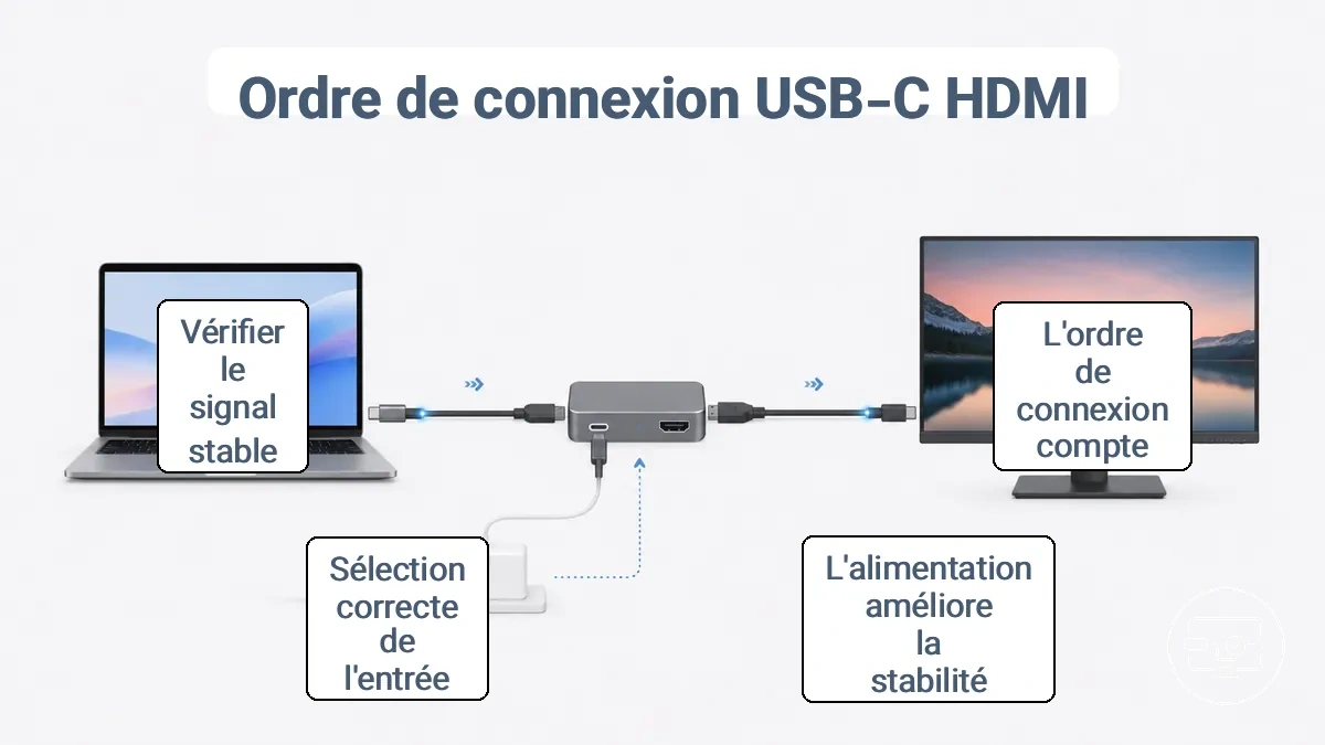 Visuel étape par étape montrant un appareil USB-C connecté via un adaptateur/concentrateur à un écran HDMI avec des points de contrôle d alimentation et de sélection d entrée.