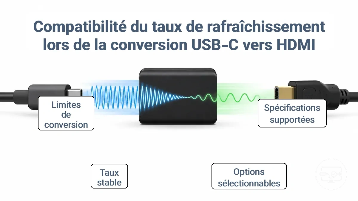 Diagramme montrant comment le taux de rafraîchissement est affecté lorsque le signal vidéo USB-C passe par un adaptateur HDMI
