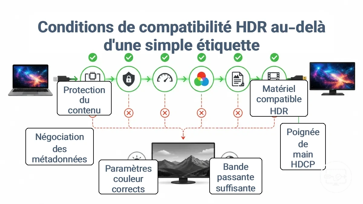 Diagramme montrant les points de contrôle HDR sur une connexion USB-C vers HDMI et où le HDR peut revenir au SDR