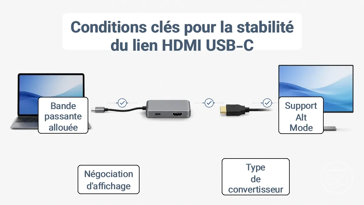 Schéma annoté de la chaîne USB-C vers HDMI : appareil source avec Mode alternatif, adaptateur convertisseur, câble HDMI et écran, avec points de vérification de compatibilité à chaque étape.