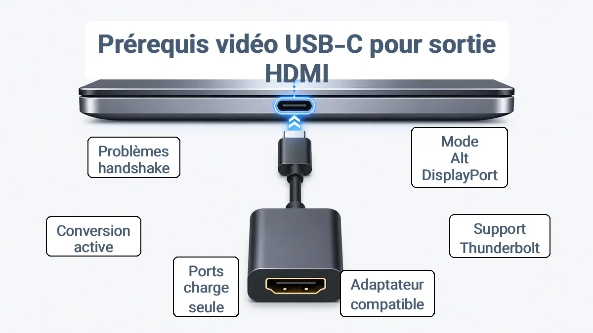Exemple annoté montrant les indicateurs courants de la prise en charge de la sortie vidéo USB-C nécessaire pour HDMI via un adaptateur.