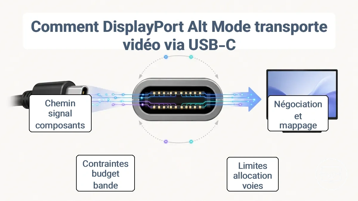 Flux du chemin du signal depuis un appareil USB-C via le DP Alt Mode et la conversion vers un écran HDMI