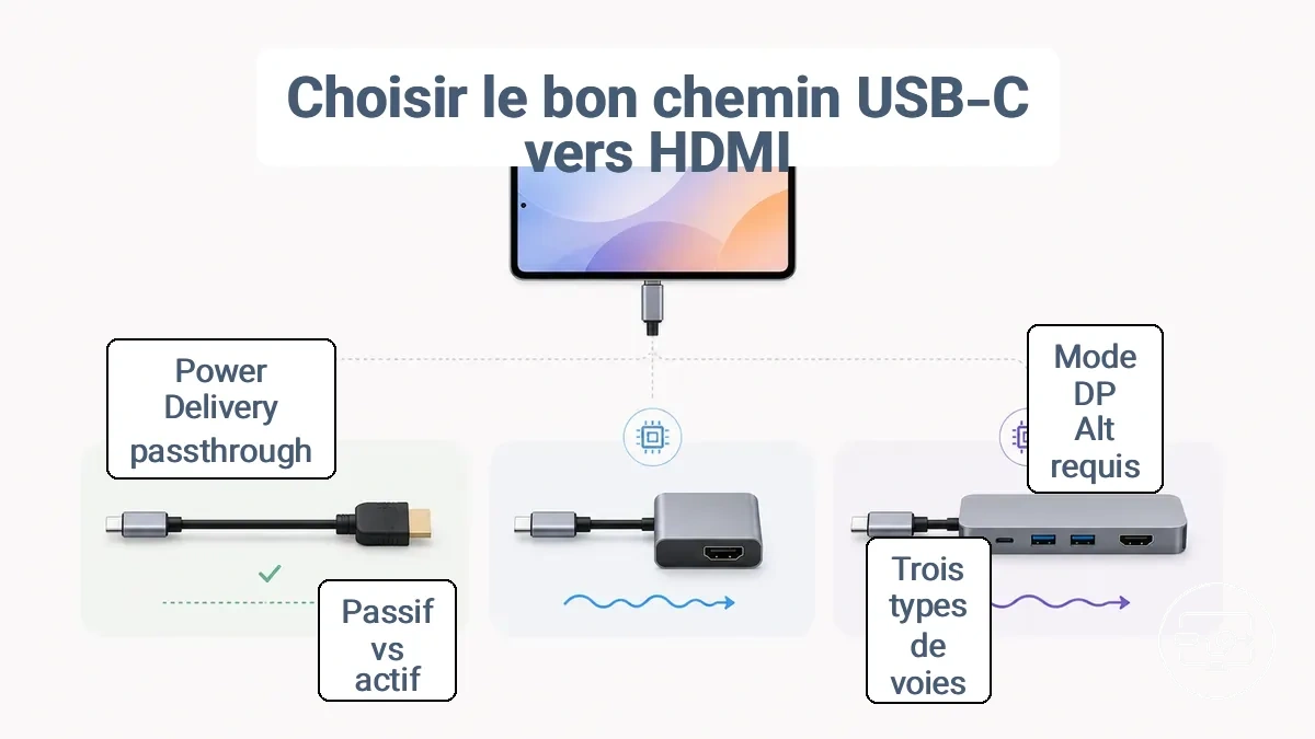 Comparaison des voies adaptateur, câble et hub USB-C vers HDMI avec critères de décision de conversion passive ou active