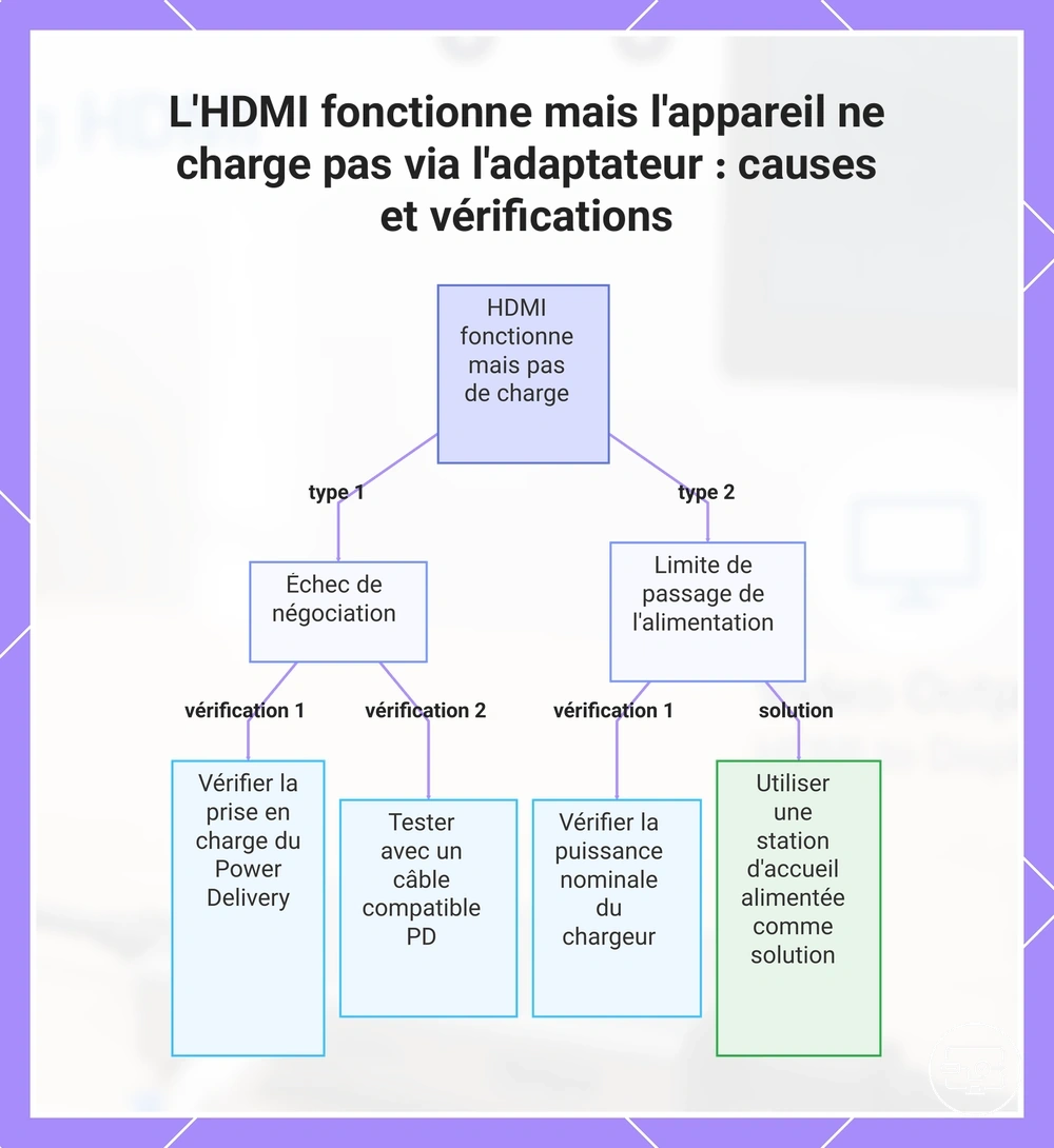 L'HDMI fonctionne mais l'appareil ne charge pas via l'adaptateur : causes et vérifications