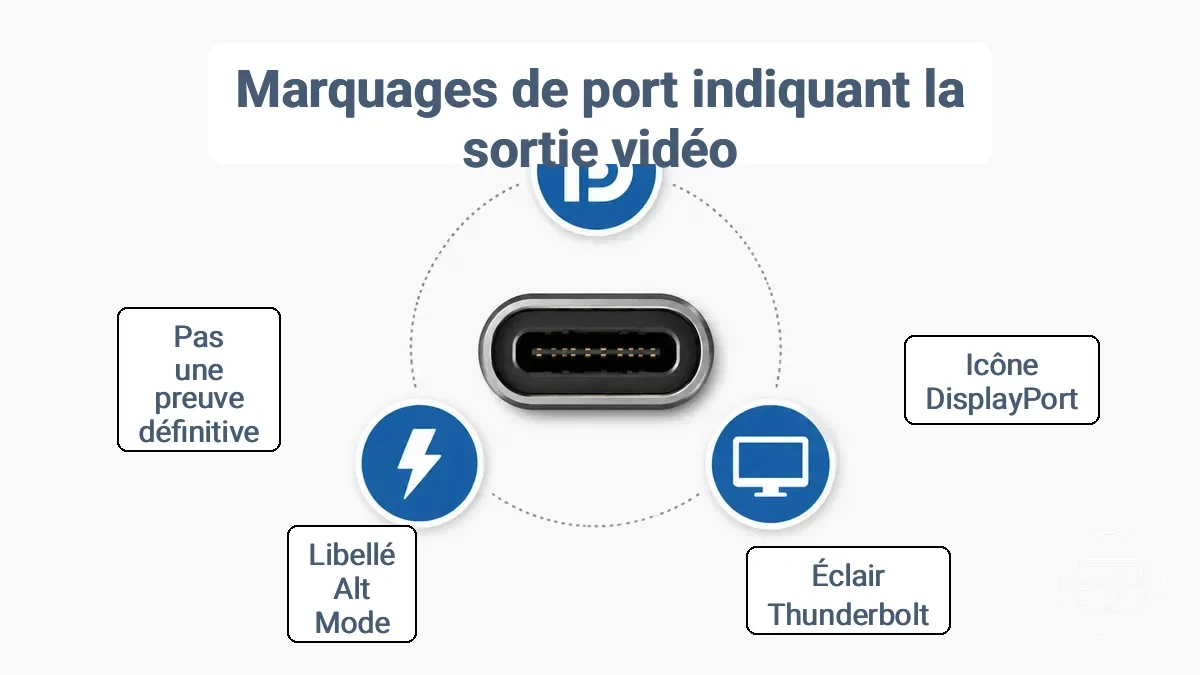 Symboles courants des ports USB-C incluant les icônes DisplayPort, Thunderbolt et moniteur, identifiées pour la reconnaissance