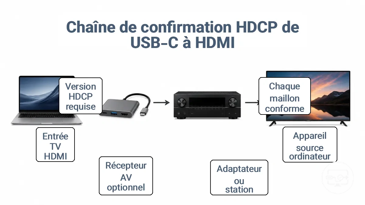 Schéma du chemin de la négociation HDCP à travers l appareil USB-C, l adaptateur ou la station d accueil, l intermédiaire optionnel et l entrée HDMI de l écran.