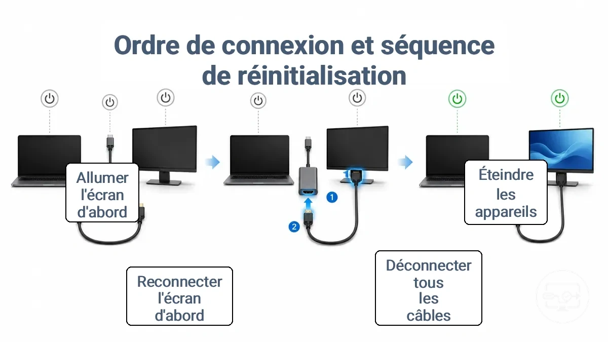 Diagramme étape par étape montrant l’ordre de reconnexion pour l’adaptateur USB-C, le câble HDMI et l’écran afin de rétablir une négociation bloquée.
