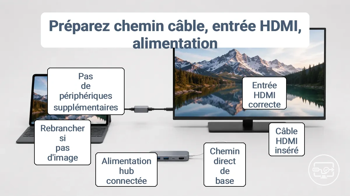 Configuration USB-C vers HDMI préparée montrant l'entrée HDMI correcte, le chemin de câble simplifié et l'alimentation optionnelle du hub.