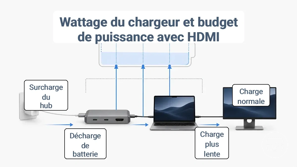 Diagramme montrant le calcul du budget d’alimentation : la consommation du hub et la charge du moniteur sont soustraites de la puissance du chargeur