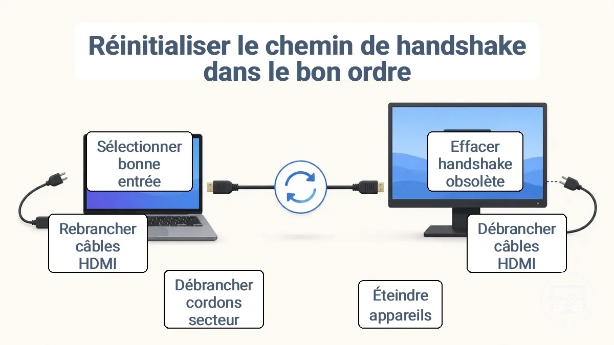 Illustration montrant l ordre correct : débrancher les câbles, éteindre les appareils, débrancher l alimentation, rebrancher les câbles, sélectionner l entrée sur l écran