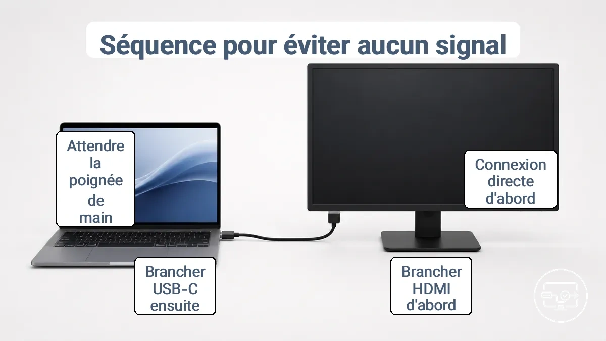 Séquence de connexion USB-C vers HDMI montrant l'ordre qui réduit les résultats d'absence de signal et de non-détection.