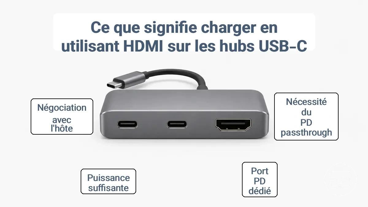 Diagramme montrant le port HDMI, le port USB‑C PD‑in et le port USB‑C hôte sur un hub typique