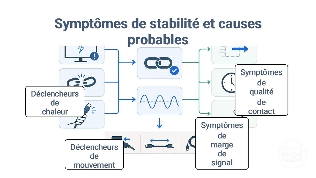 Graphique associant les symptômes de stabilité USB-C vers HDMI aux classes de causes probables et aux premières vérifications sûres