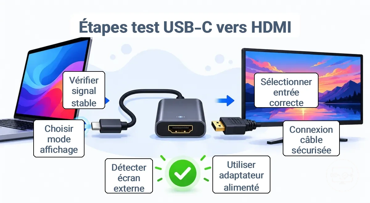Illustration des étapes de connexion du test USB-C vers HDMI