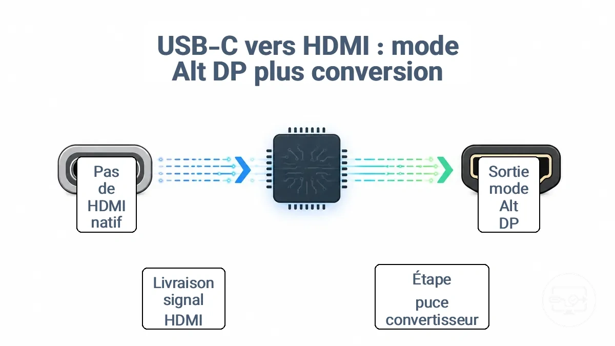 Schéma montrant la sortie DP Alt Mode depuis un port USB-C et la conversion vers un signal HDMI