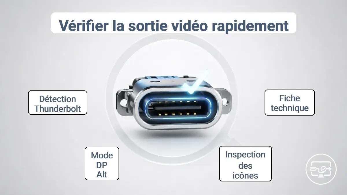 Exemple annoté montrant les marquages d un port USB-C et une ligne de fiche technique utilisée pour confirmer la prise en charge de la sortie vidéo.