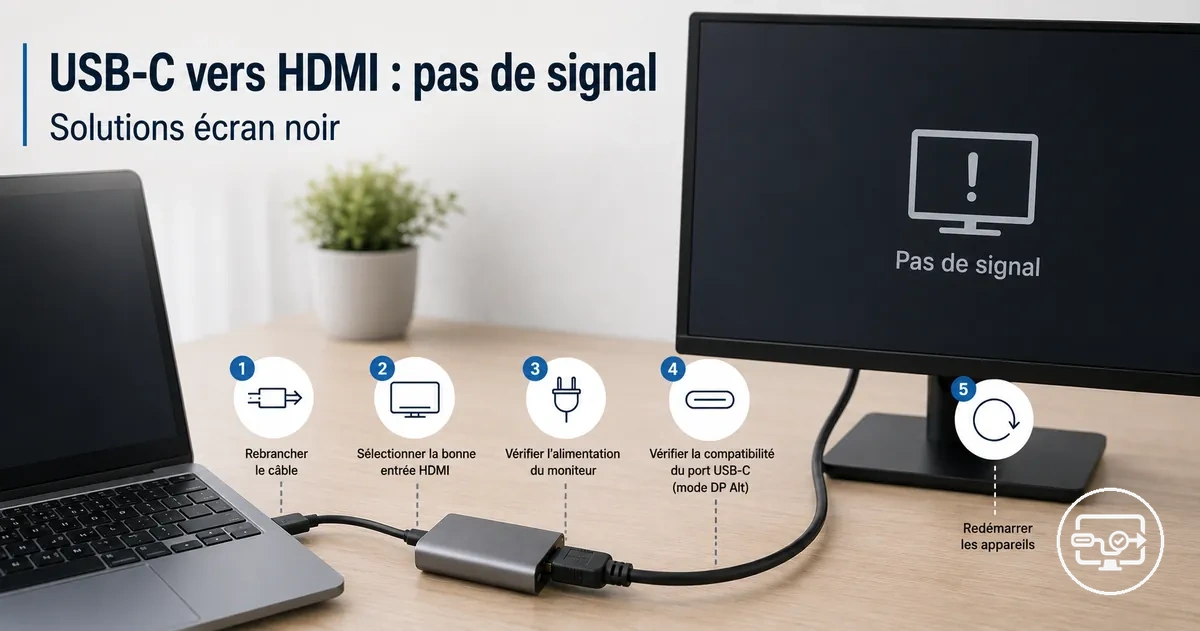 Solutions USB-C vers HDMI sans signal avec contrôles de branchement sur l’écran