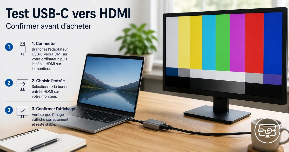 Test de compatibilité USB-C vers HDMI avec appareil connecté à un écran externe