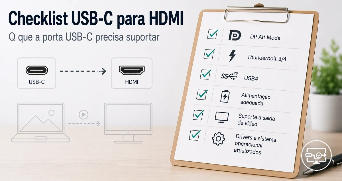 Checklist de requisitos para confirmar compatibilidade USB-C para HDMI e suporte a saída de vídeo