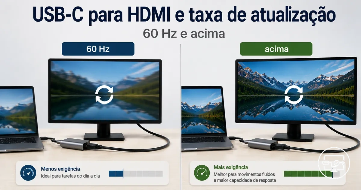 Comparação de taxa de atualização na compatibilidade USB-C para HDMI com base em 60 Hz