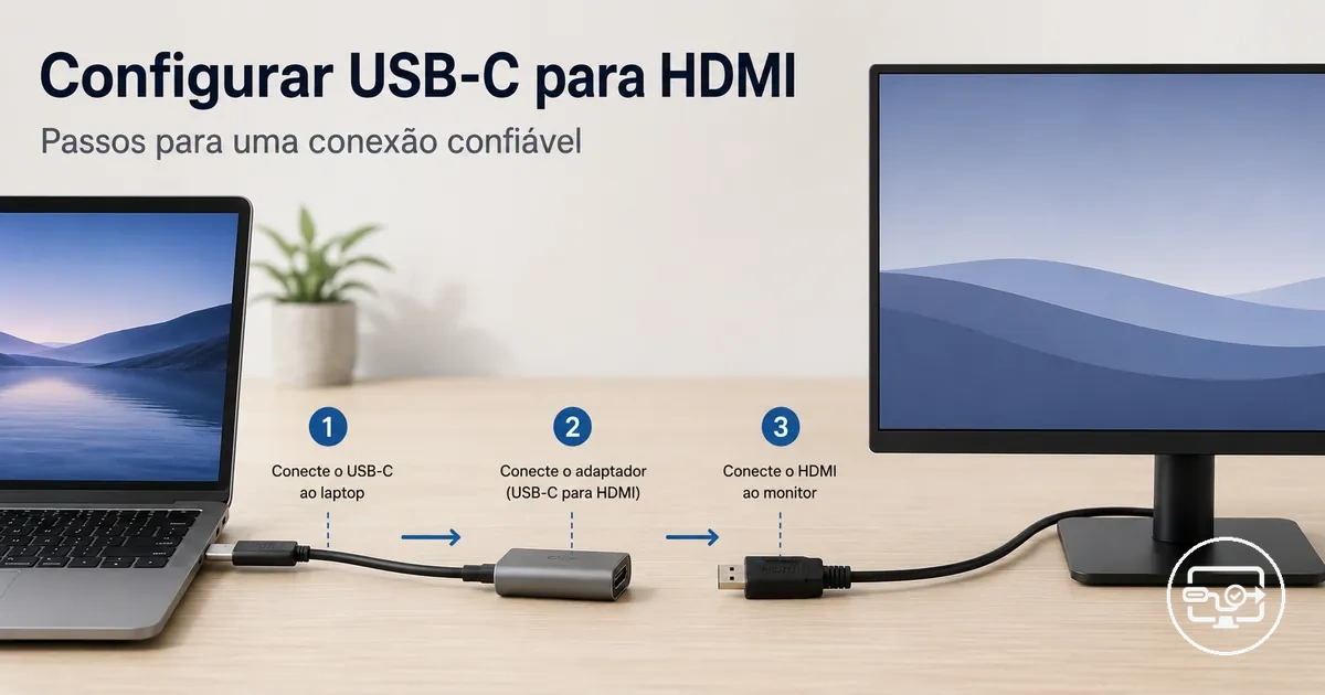 Configuração passo a passo de USB-C para HDMI mostrando a ordem correta de conexão