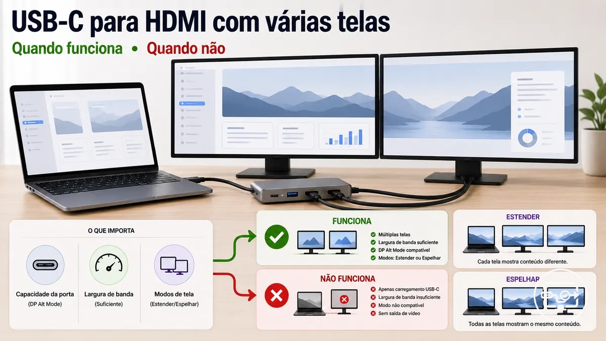 Compatibilidade USB-C para HDMI em várias telas com área de trabalho estendida e multimonitor
