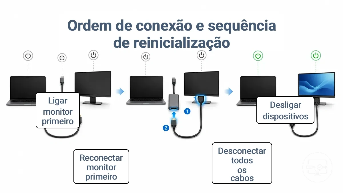 Diagrama passo a passo mostrando a ordem de reconexão do adaptador USB-C, cabo HDMI e monitor para recuperar um handshake preso.