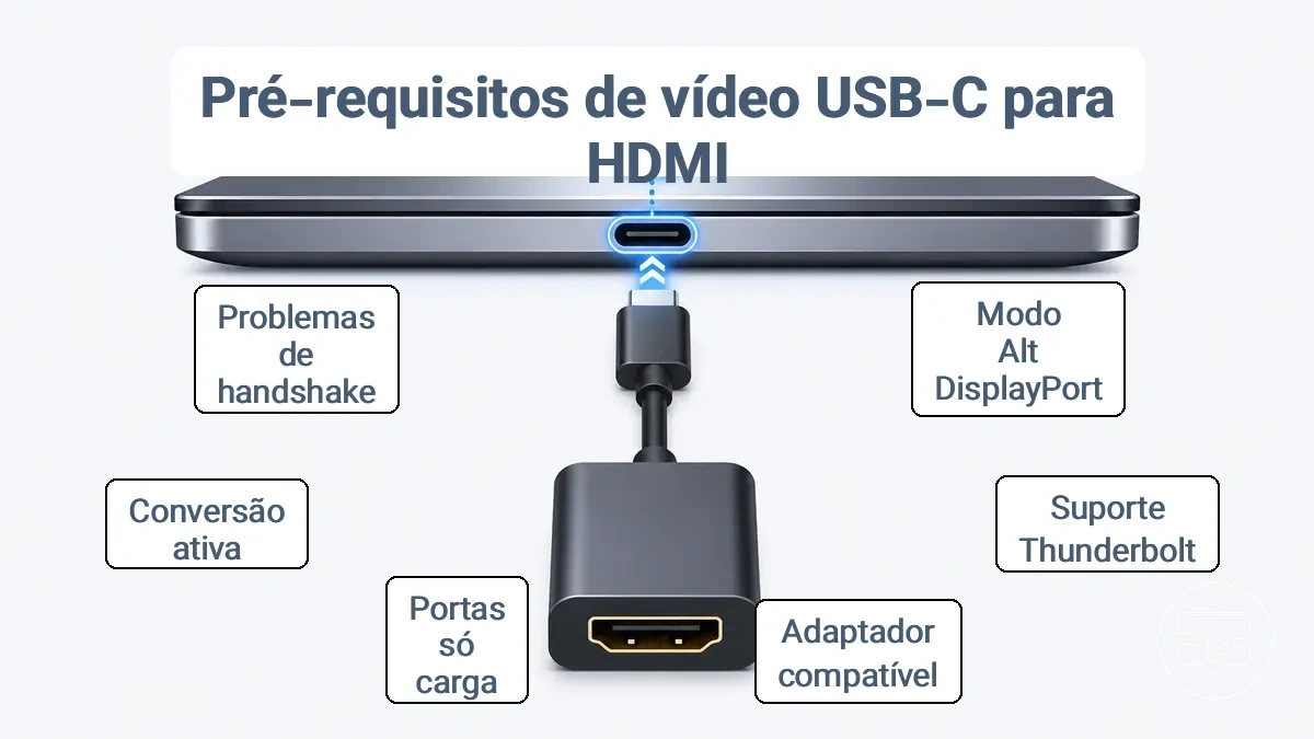 Exemplo anotado mostrando indicadores comuns de suporte a saída de vídeo USB-C necessários para HDMI via adaptador.