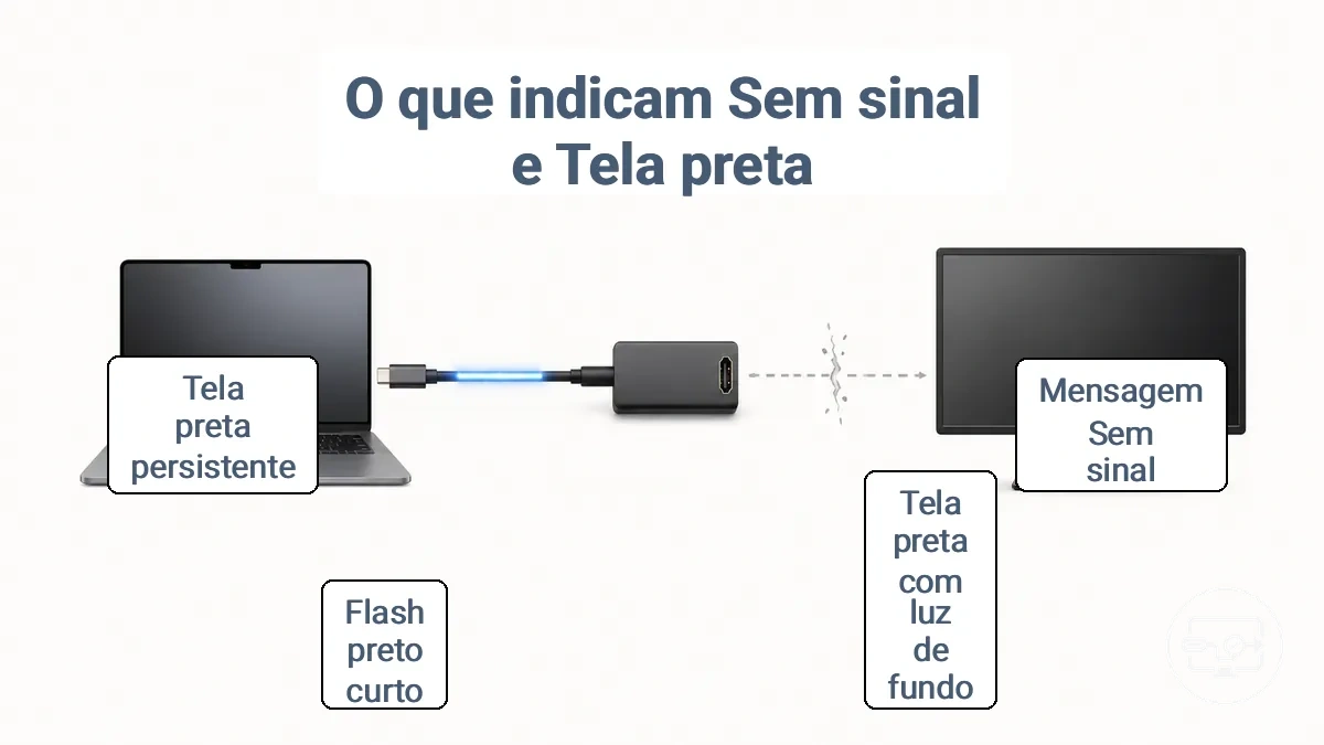 Diagrama rotulando as camadas do caminho do sinal USB-C para HDMI para explicar o que sem sinal e tela preta normalmente indicam.