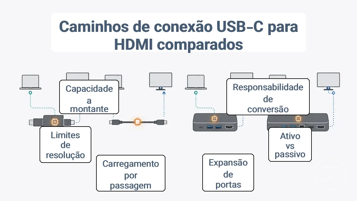 Gráfico comparativo mostrando as funções do adaptador, cabo, hub e dock em um caminho de conexão USB-C para HDMI e onde a conversão ocorre.