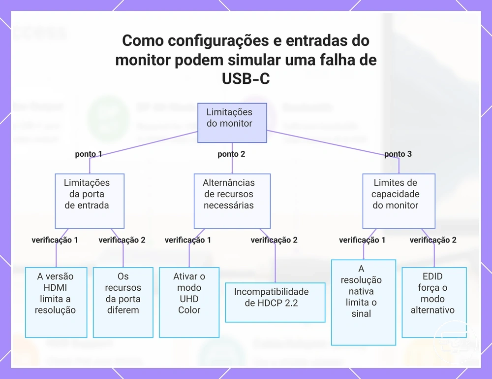Como configurações e entradas do monitor podem simular uma falha de USB-C