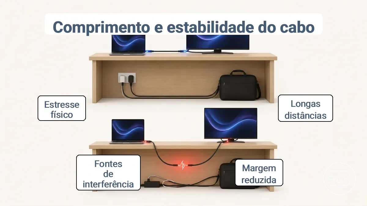 Comparação entre cabos USB-C para HDMI curtos e longos e como o roteamento e a interferência podem afetar a estabilidade.