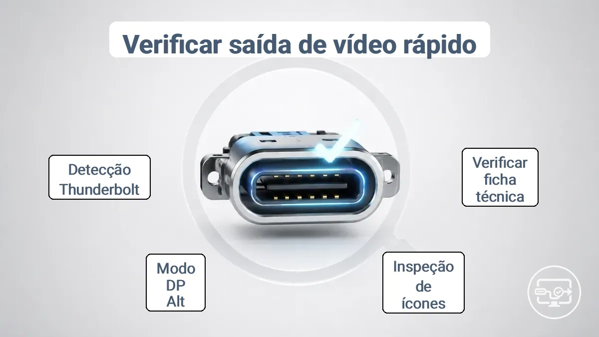Exemplo anotado mostrando marcações de porta USB-C e uma linha de especificação usada para confirmar o suporte a saída de vídeo.