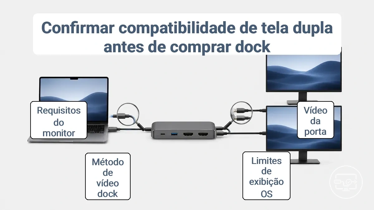 Verificação de compatibilidade com dois monitores: avaliando portas, método do dock e requisitos do monitor