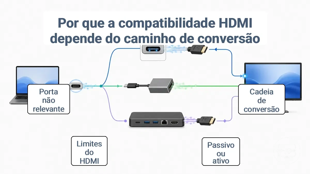 Diagrama mostrando onde ocorre a conversão do sinal HDMI: na porta, dentro de um adaptador simples ou dentro de um dock.