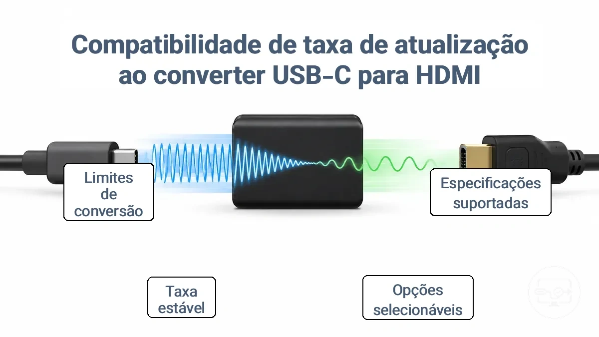 Diagrama mostrando como a taxa de atualização é afetada quando o sinal de vídeo USB-C passa por um adaptador HDMI
