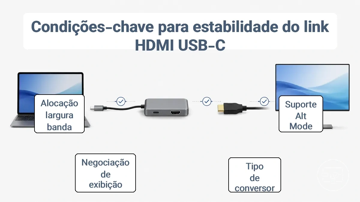 Diagrama anotado da cadeia USB-C para HDMI: dispositivo de origem com Modo Alternativo, adaptador conversor, cabo HDMI e display, com pontos de verificação de compatibilidade em cada estágio.